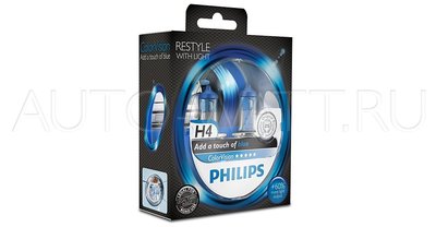 Лампа галогенная H4 - PHILIPS Color Vision +60% Blue 12V 60/55W Синяя Комплект