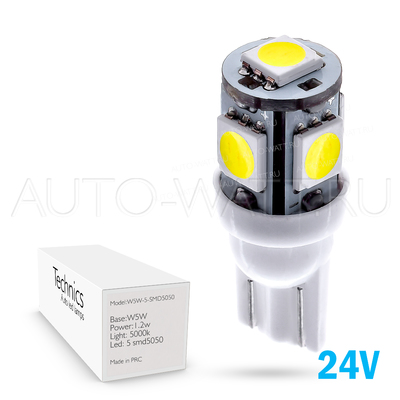 Светодиодная лампа W5W T10 – 5 SMD5050 1.2Вт Белая 24V
