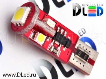 Светодиодная лампа W5W T10 – 4 SMD3528 1 SMD5050 Обманка Стабилизатор Red 0.48Вт Белая