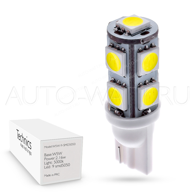 Светодиодная лампа W5W T10 – 9 SMD5050 2.16Вт Белая
